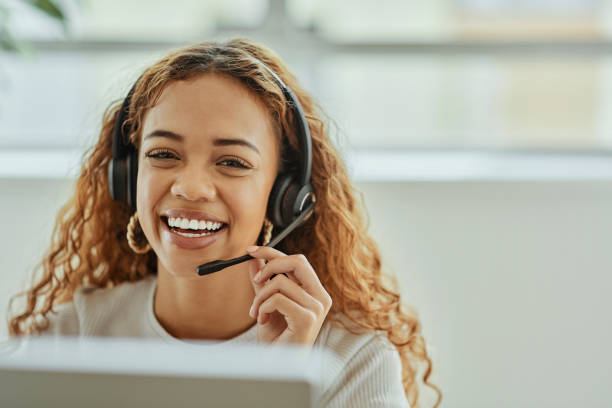 call center telemarketing or black woman support consultant portrait for crm ecommerce help1442992106
