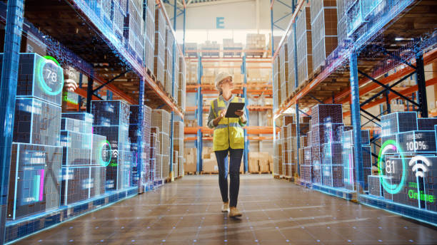 futuristic technology retail warehouse worker doing inventory walks when digitalization1349338605