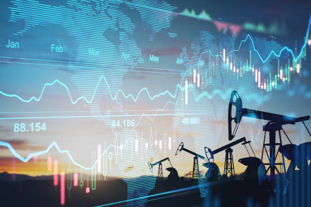 rise in gasoline prices concept with double exposure of digital screen with financial chart1316669671