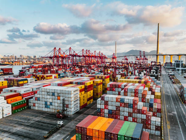 sunset in port of container port in hong kong2155593428