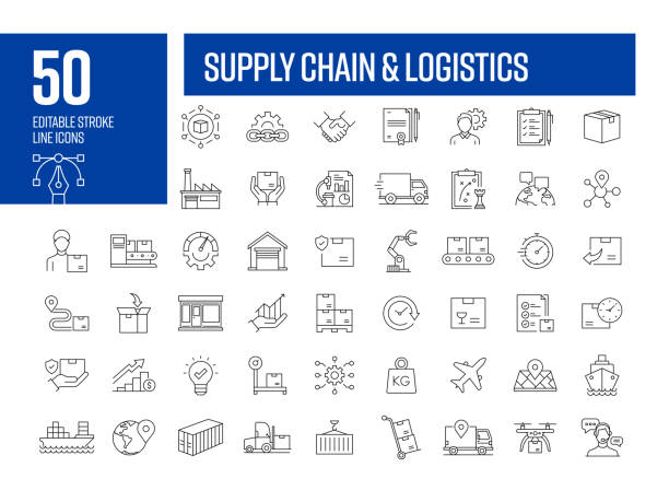 supply chain management line icon set logistics production trade planning2152171411